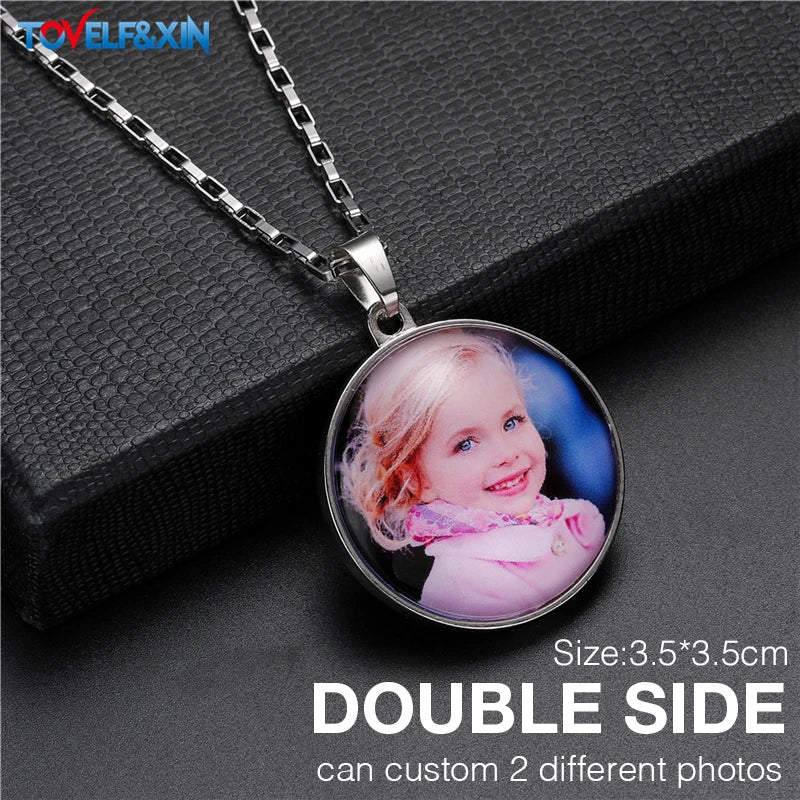 Personalized Memory Photo Pendant Double Side Customized Stainless Steel Chain Necklace for Family Members Anniversary Gift