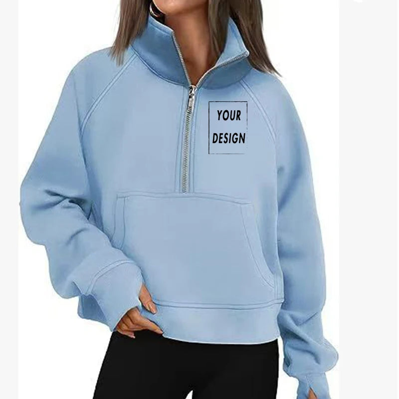 Women's Stand Collar Plus Fleece Solid Color Hoodie Long Sleeve Pocket Loose Half Zip Pullover Hoodie Top лонгслив женский