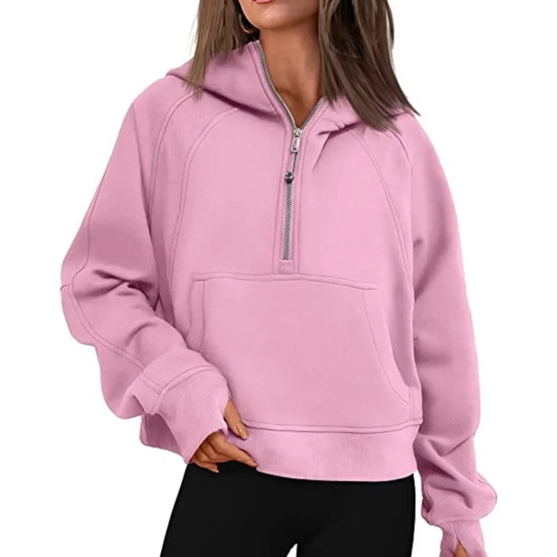 Women's Stand Collar Plus Fleece Solid Color Hoodie Long Sleeve Pocket Loose Half Zip Pullover Hoodie Top лонгслив женский