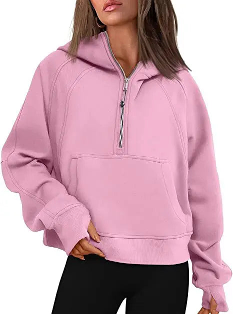Women's Stand Collar Plus Fleece Solid Color Hoodie Long Sleeve Pocket Loose Half Zip Pullover Hoodie Top лонгслив женский