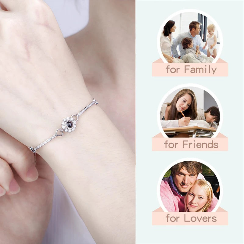 Personalized Bracelet with Picture Inside Custom Projection Heart Bangle with Photo I Love You Memorial Gifts for Women Girls