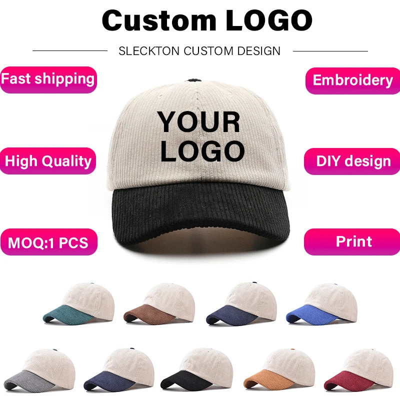 SLECKTON Logo Custom Baseball Cap for Men and Women Brand Design DIY Embroidery Print Summer Sun Hat Corduroy Unisex Wholesale