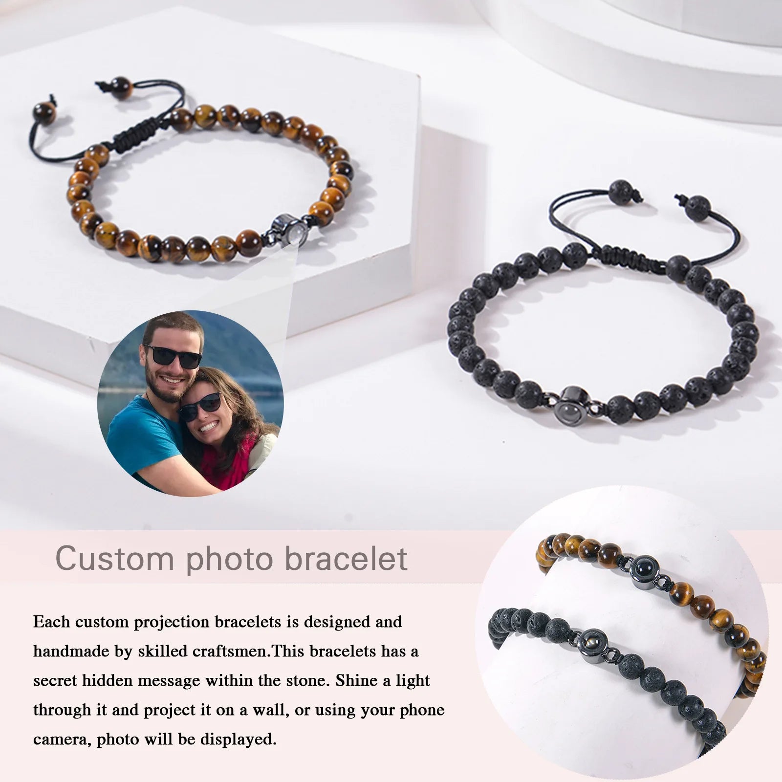 Custom Photo Bracelet Personalized Photo Projection Bracelet Beaded Bracelets with Picture Inside 100 Languages Memorial Gift