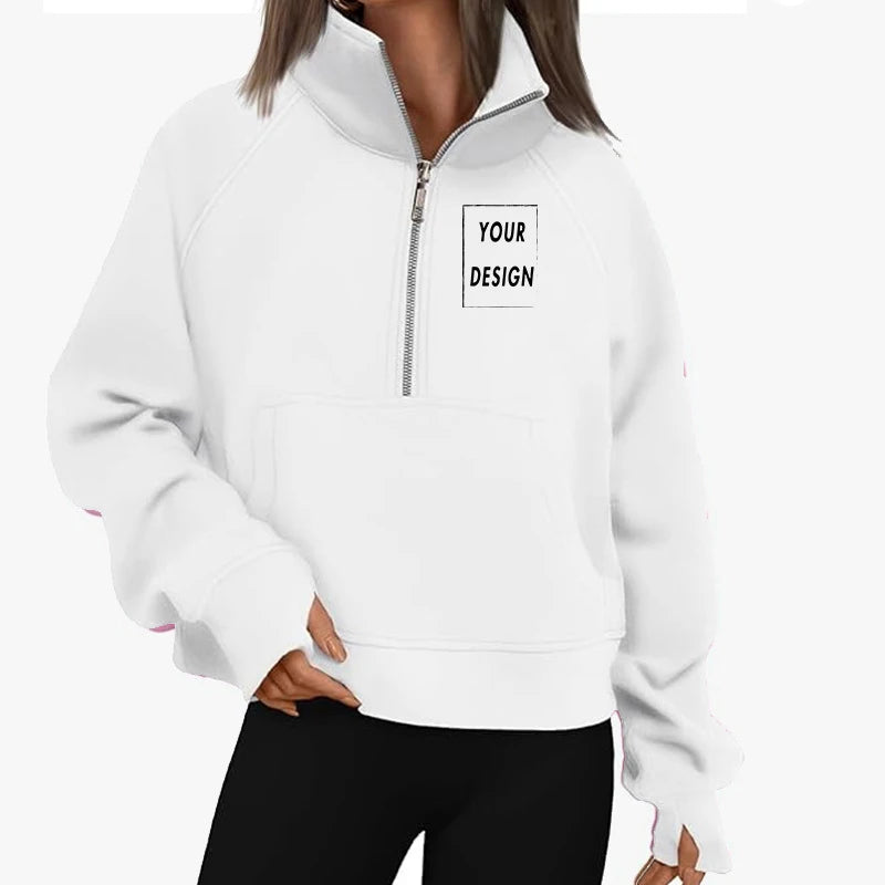 Women's Stand Collar Plus Fleece Solid Color Hoodie Long Sleeve Pocket Loose Half Zip Pullover Hoodie Top лонгслив женский