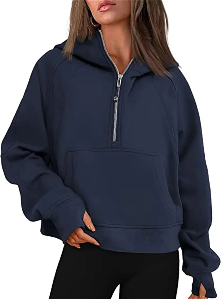 Women's Stand Collar Plus Fleece Solid Color Hoodie Long Sleeve Pocket Loose Half Zip Pullover Hoodie Top лонгслив женский