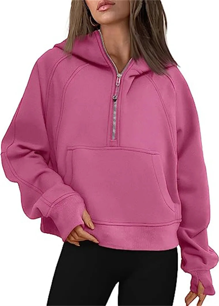 Women's Stand Collar Plus Fleece Solid Color Hoodie Long Sleeve Pocket Loose Half Zip Pullover Hoodie Top лонгслив женский