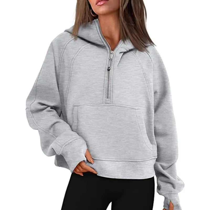 Women's Stand Collar Plus Fleece Solid Color Hoodie Long Sleeve Pocket Loose Half Zip Pullover Hoodie Top лонгслив женский
