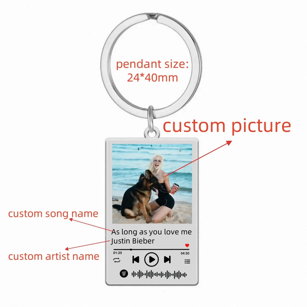 Jeshayuan Custom Picture Keychain Customized Music Song Key Ring Stainless Steel Personalized Photo Keychains Gifts for Lover