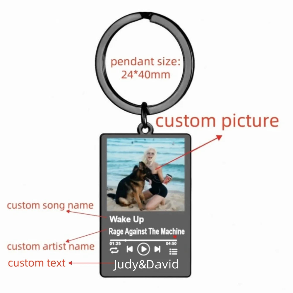 Jeshayuan Custom Picture Keychain Customized Music Song Key Ring Stainless Steel Personalized Photo Keychains Gifts for Lover