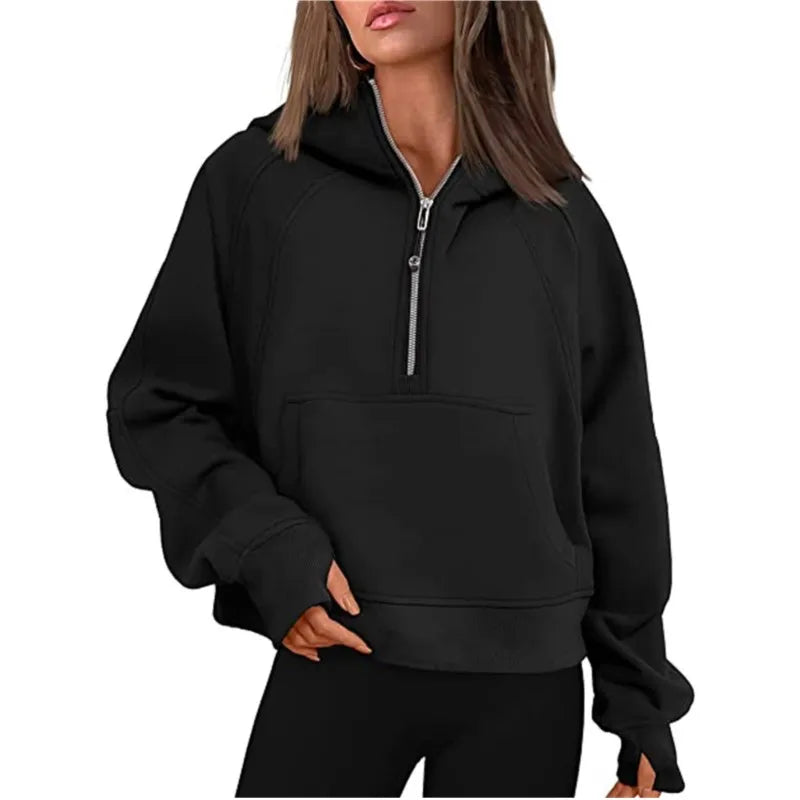 Women's Stand Collar Plus Fleece Solid Color Hoodie Long Sleeve Pocket Loose Half Zip Pullover Hoodie Top лонгслив женский