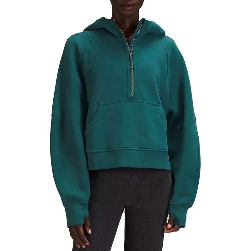 Women's Stand Collar Plus Fleece Solid Color Hoodie Long Sleeve Pocket Loose Half Zip Pullover Hoodie Top лонгслив женский
