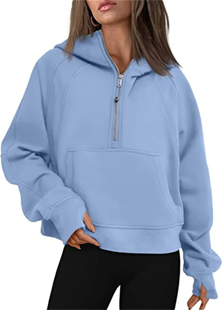Women's Stand Collar Plus Fleece Solid Color Hoodie Long Sleeve Pocket Loose Half Zip Pullover Hoodie Top лонгслив женский